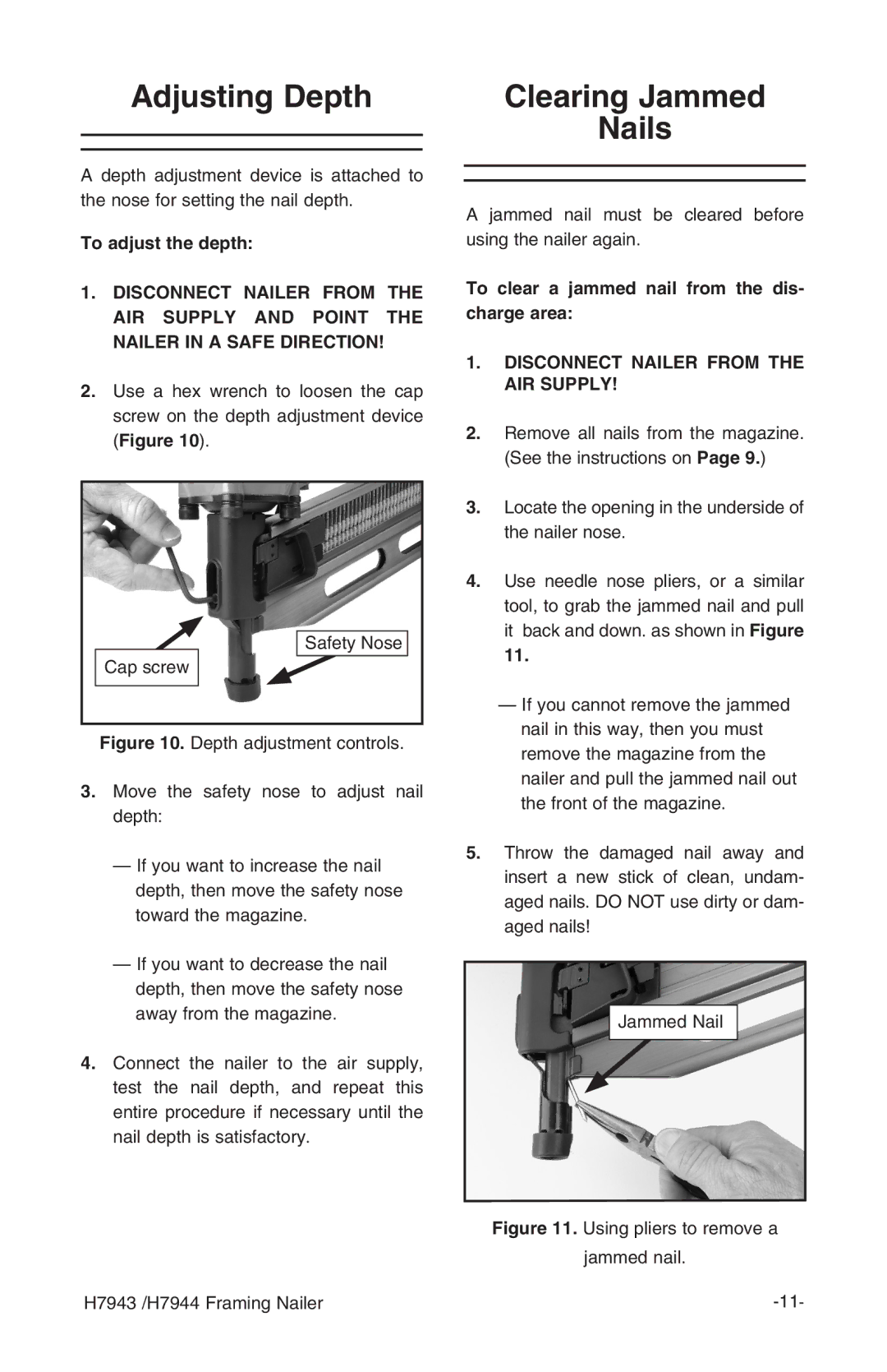 Grizzly H7943/H7944 instruction manual Adjusting Depth, Clearing Jammed Nails 