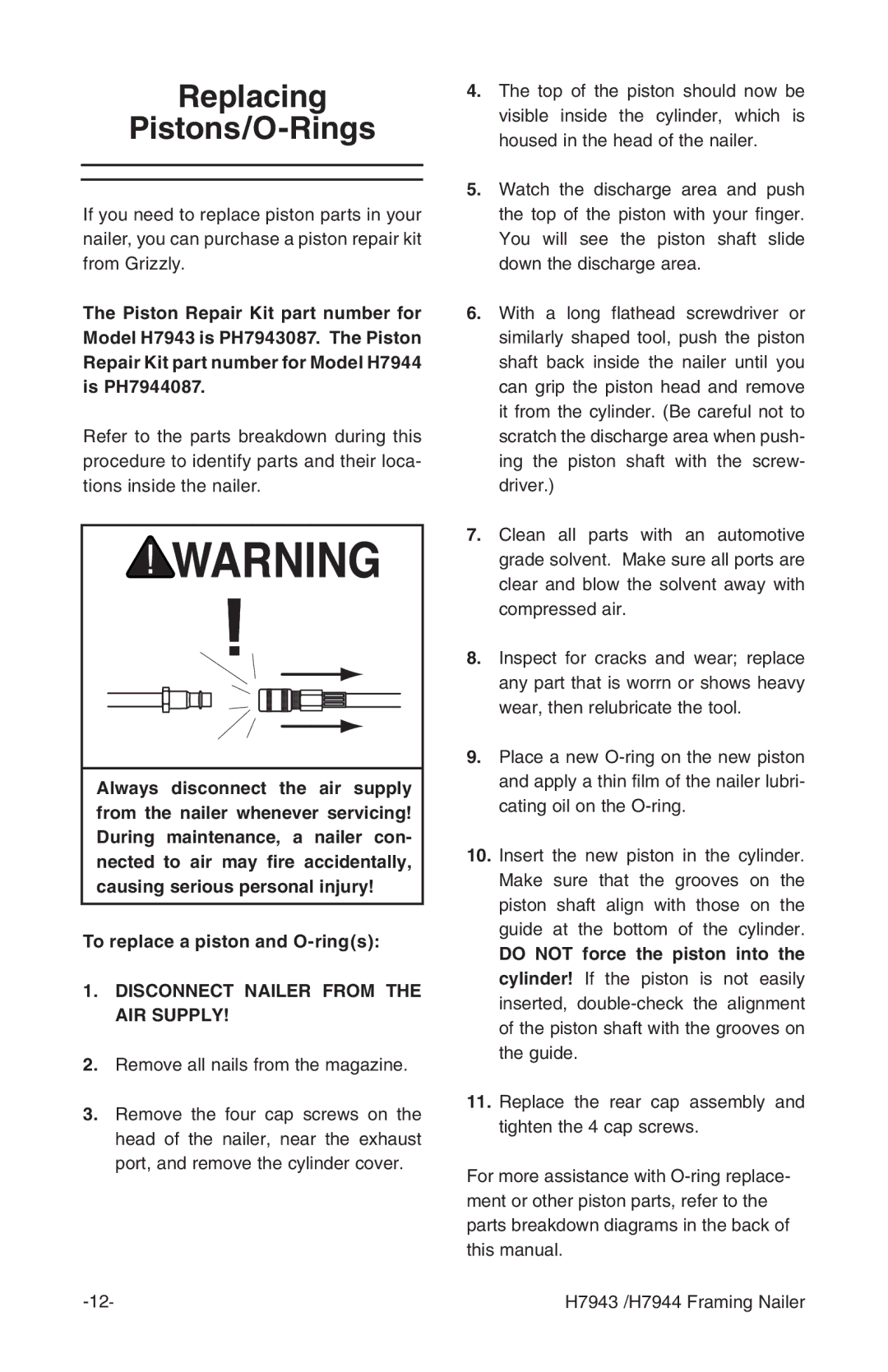 Grizzly H7943/H7944 instruction manual Replacing Pistons/O-Rings 