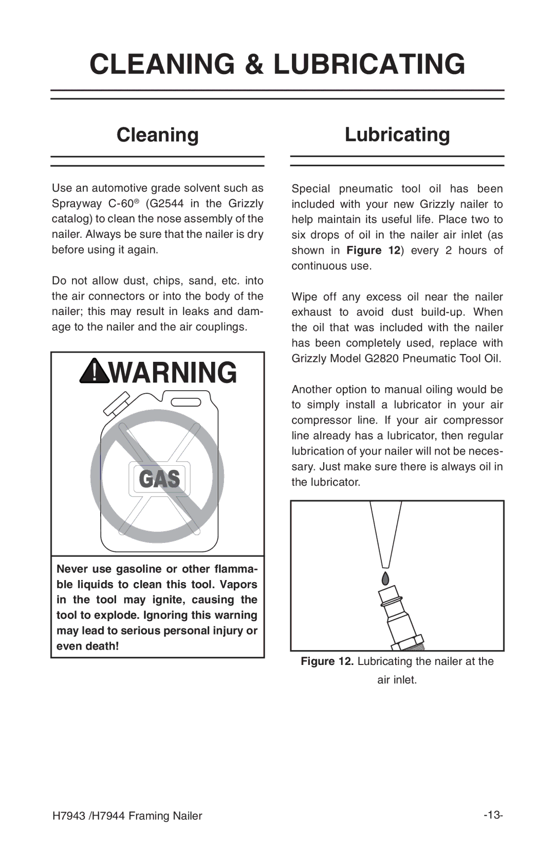 Grizzly H7943/H7944 instruction manual Cleaning & Lubricating, CleaningLubricating 