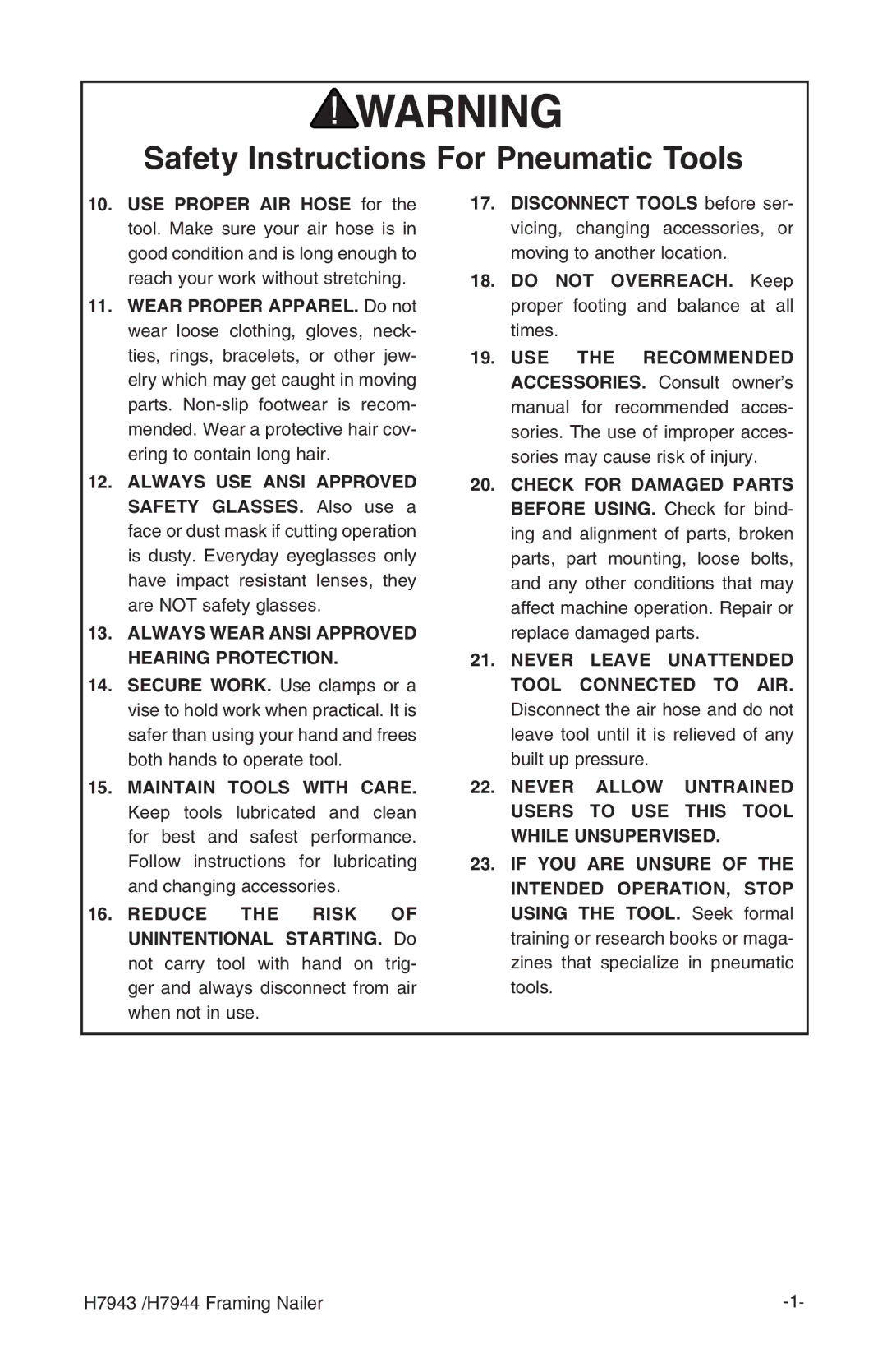 Grizzly H7943/H7944 instruction manual Always Wear Ansi Approved Hearing Protection 