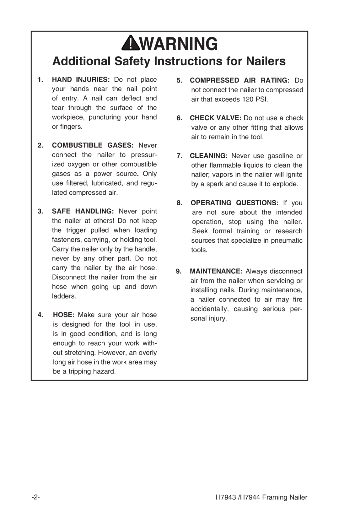 Grizzly H7943/H7944 instruction manual Additional Safety Instructions for Nailers 