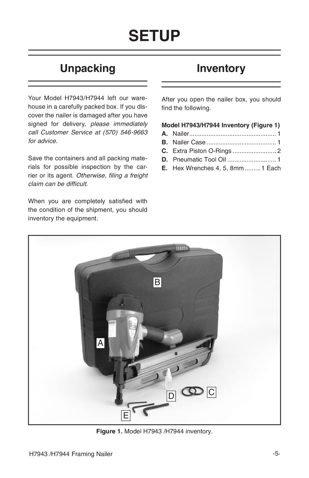 Grizzly H7943/H7944 instruction manual Setup, UnpackingInventory 