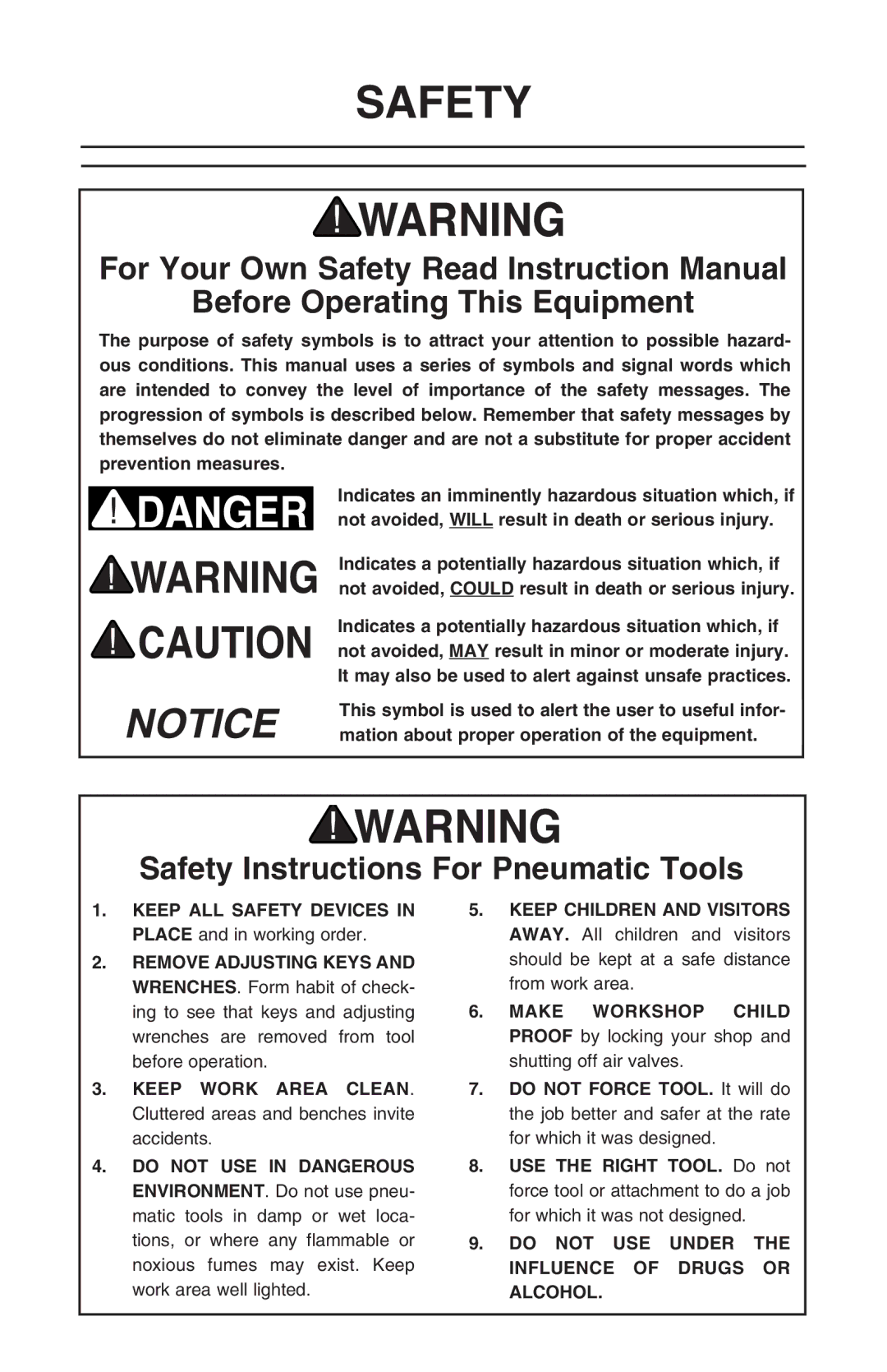 Grizzly H7946, H7995 instruction manual Before Operating This Equipment, Safety Instructions For Pneumatic Tools 