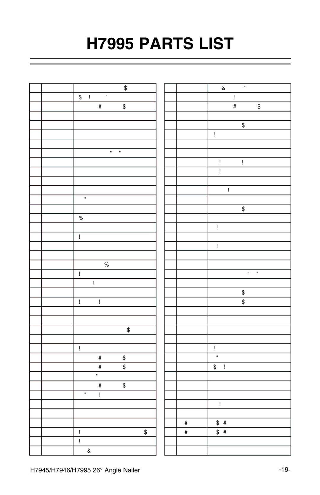 Grizzly H7946 instruction manual H7995 Parts List 