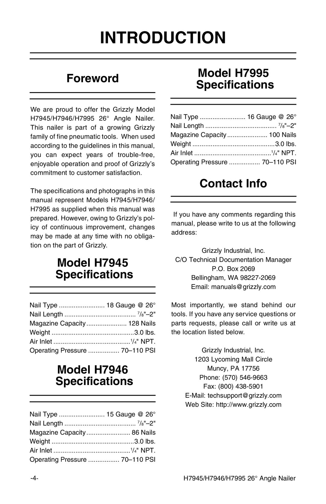 Grizzly Introduction, Foreword Model H7995 Specifications, Model H7945 Specifications, Model H7946 Specifications 