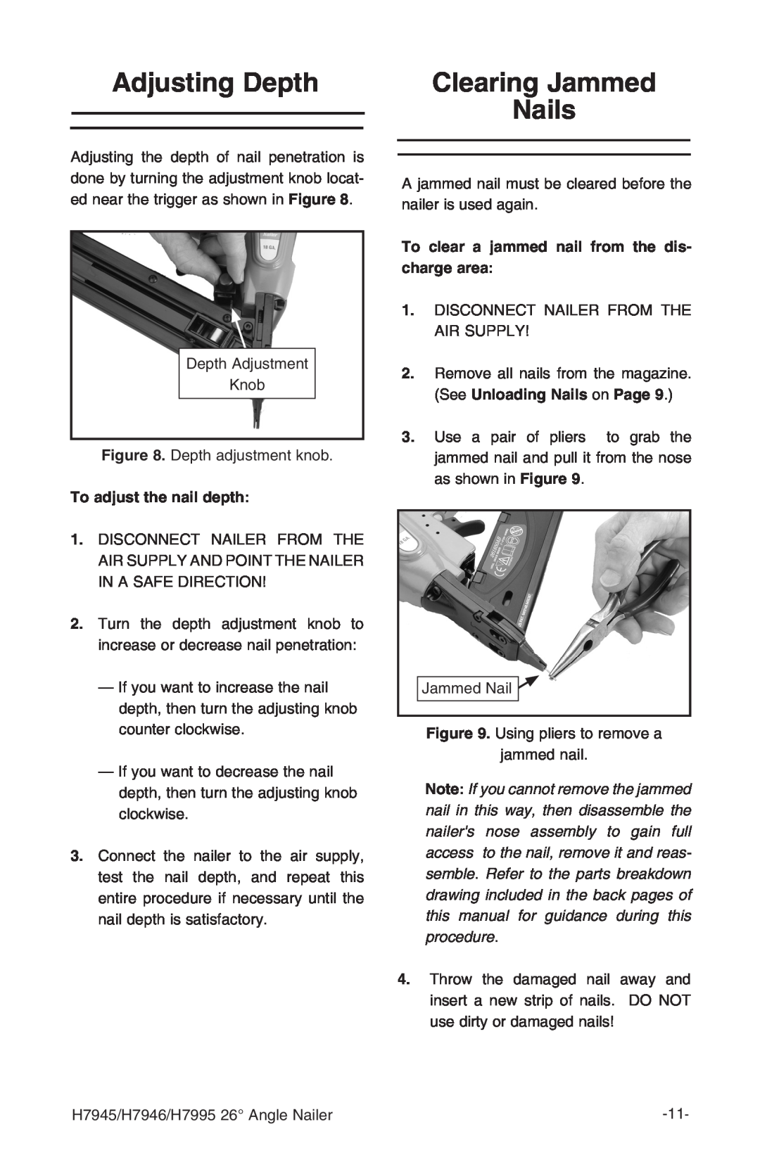 Grizzly H7995, H7946 instruction manual Adjusting Depth, Clearing Jammed, Nails 