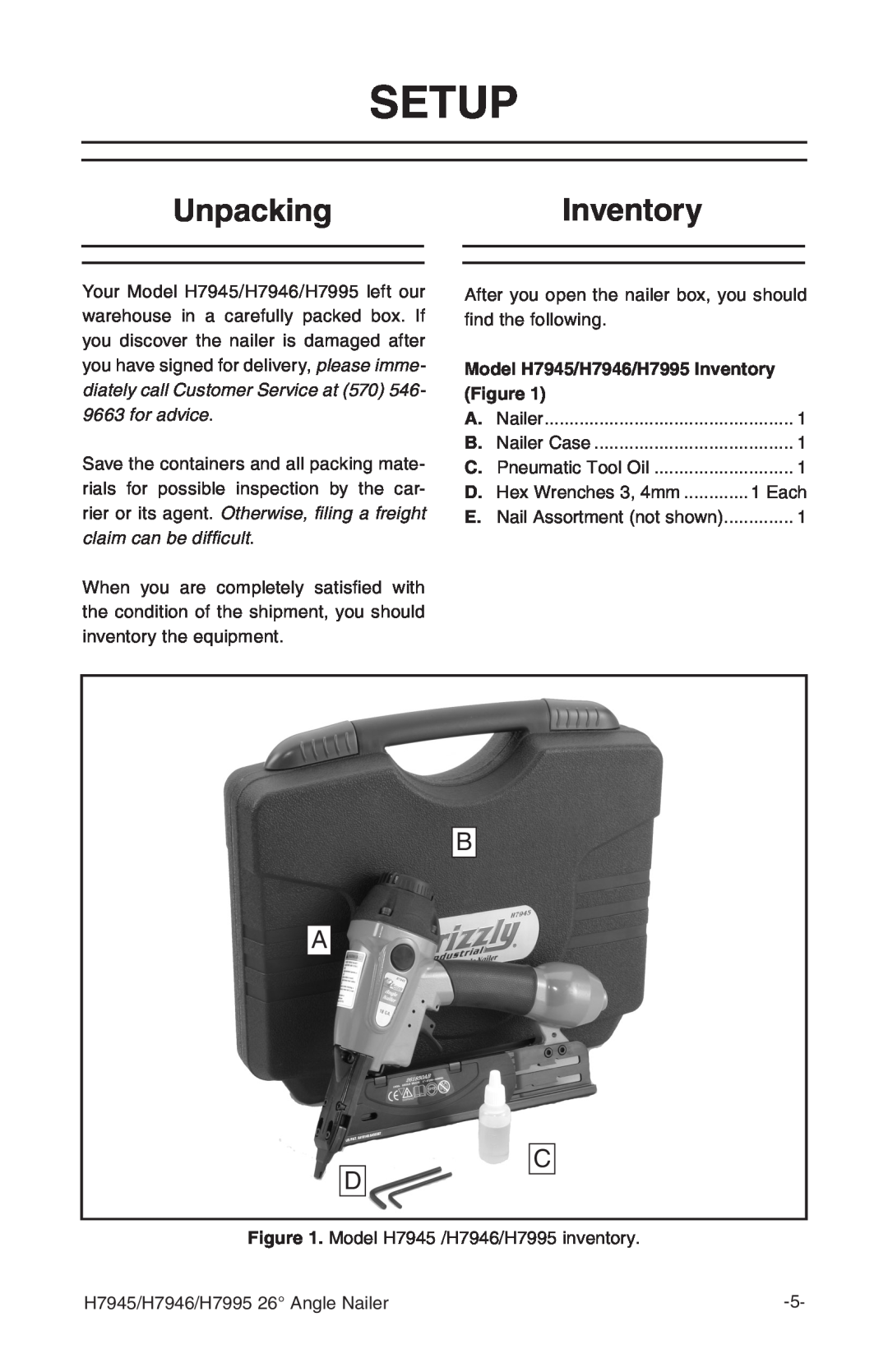 Grizzly H7995, H7946 instruction manual Setup, UnpackingInventory 