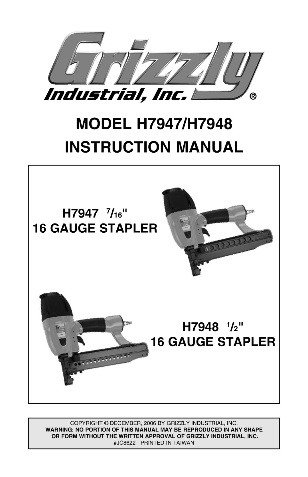 Grizzly instruction manual Model H7947/H7948 