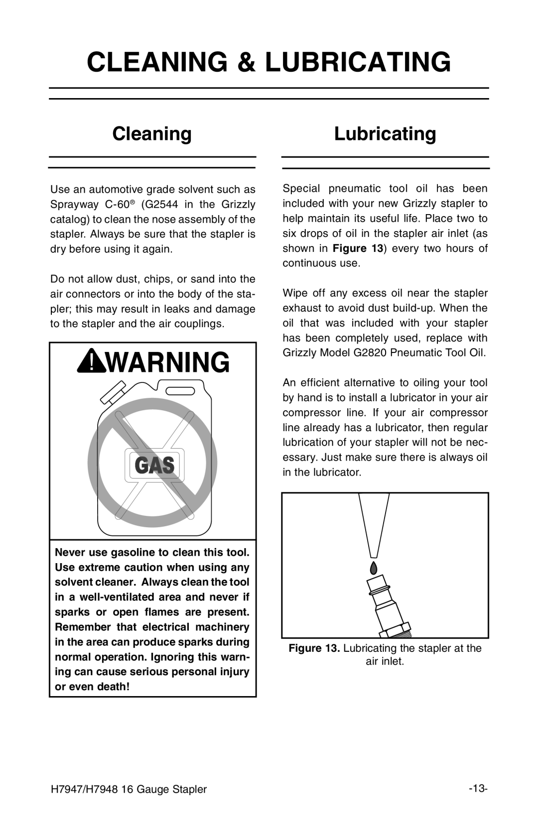 Grizzly H7948, H7947 instruction manual Cleaning & Lubricating, CleaningLubricating 