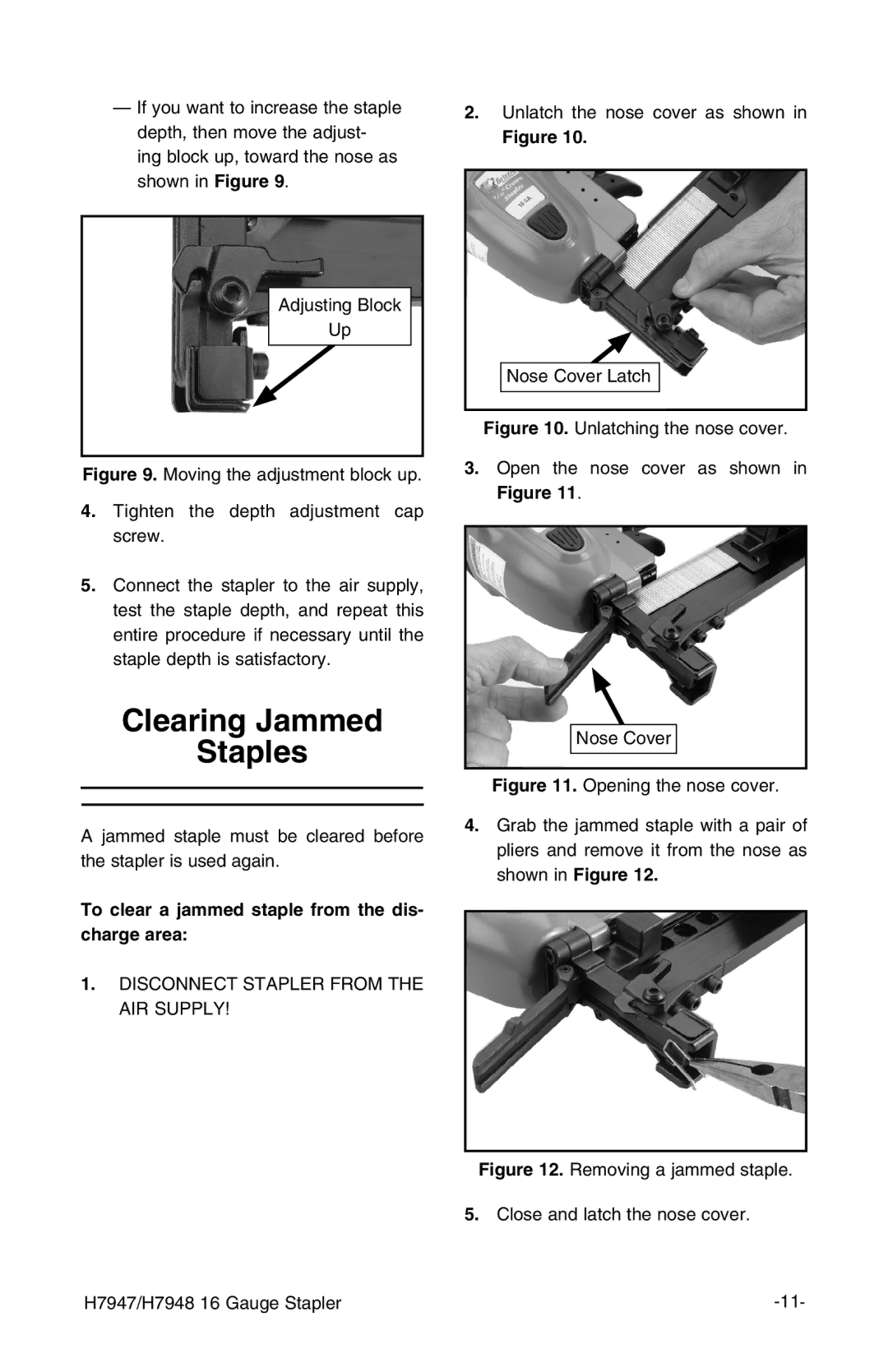 Grizzly H7947/H7948 instruction manual Clearing Jammed Staples, To clear a jammed staple from the dis- charge area 