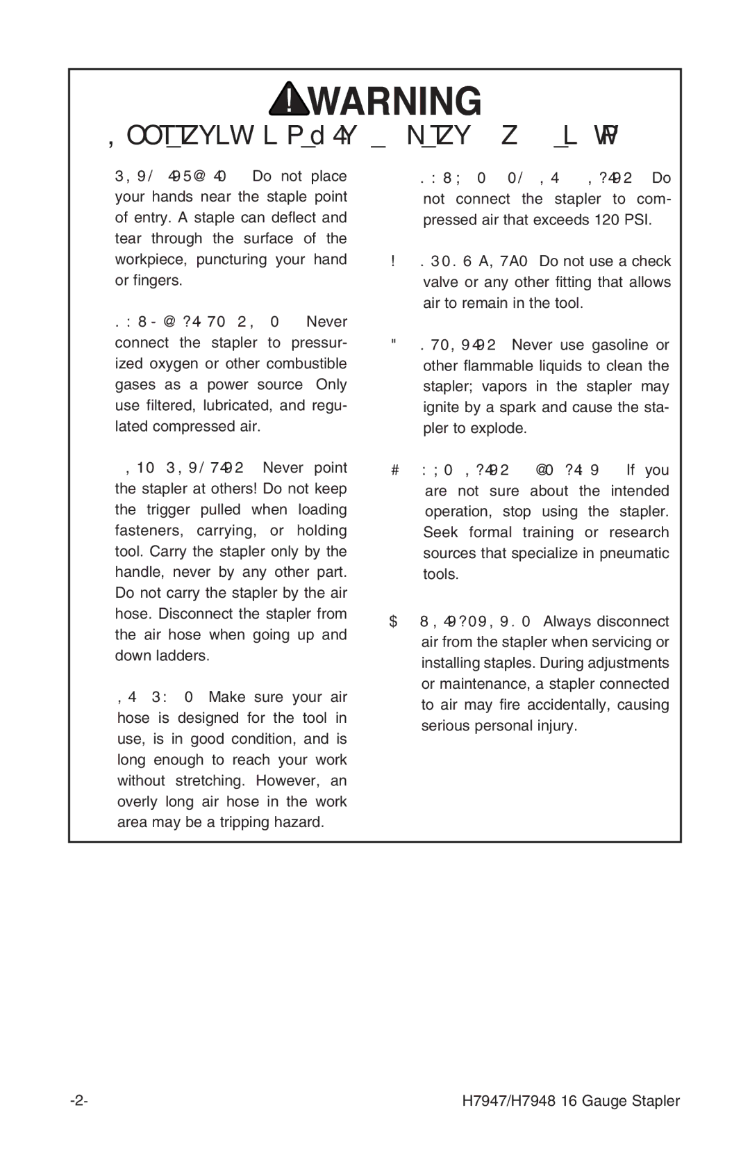 Grizzly H7947/H7948 instruction manual Additional Safety Instructions for Staplers 