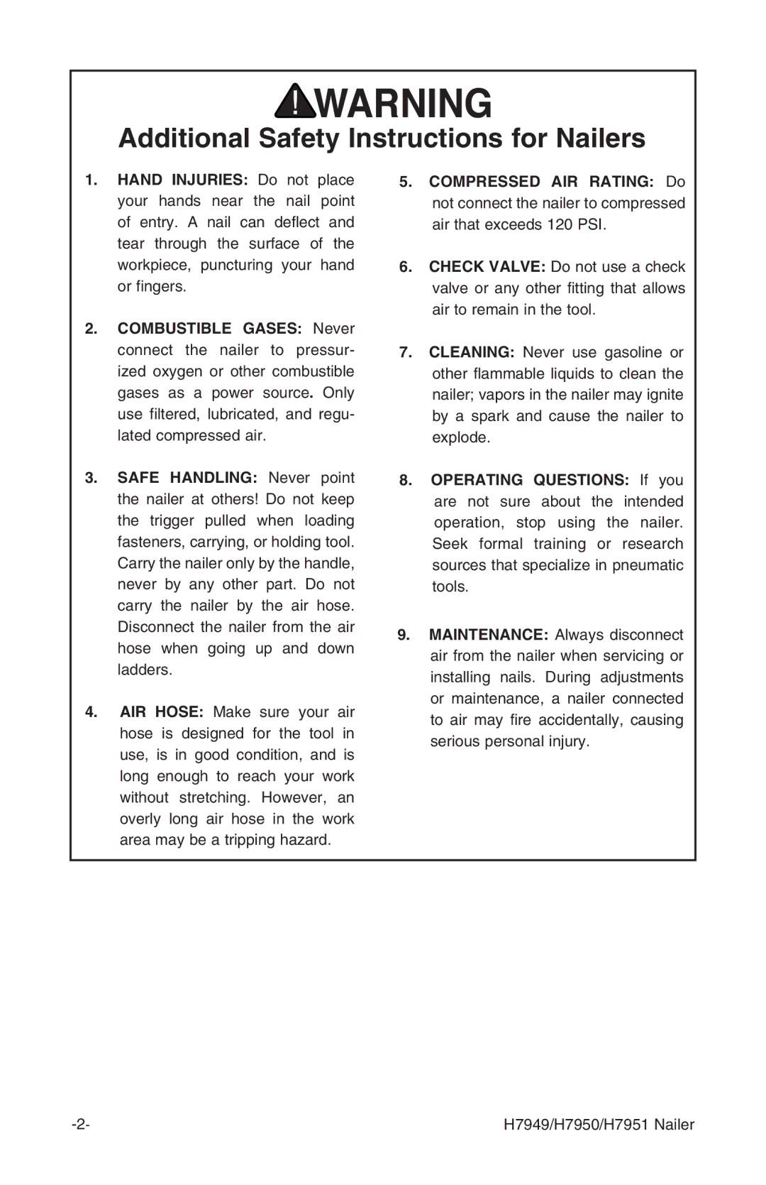 Grizzly H7949 instruction manual Additional Safety Instructions for Nailers 