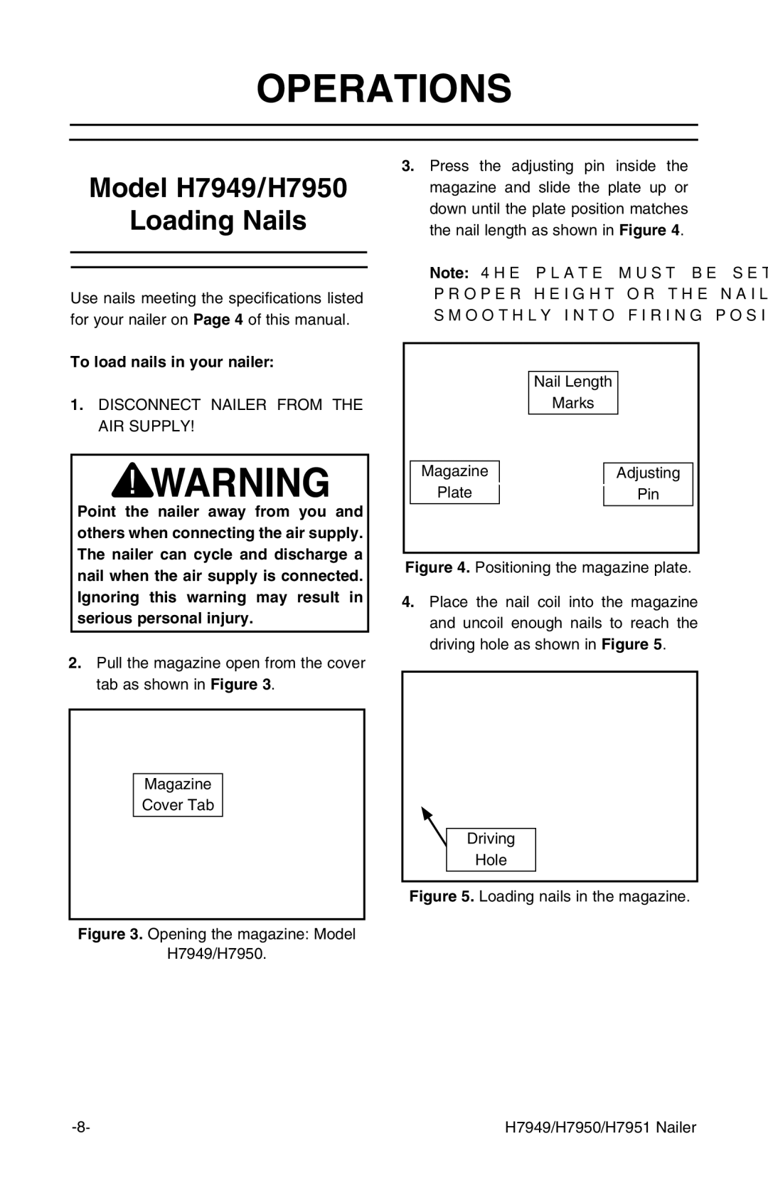 Grizzly H7951 instruction manual Operations, Model H7949/H7950 Loading Nails, To load nails in your nailer 