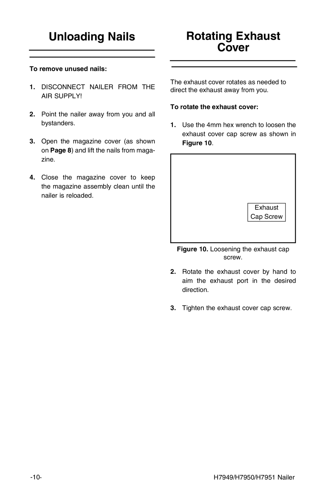 Grizzly H7951, H7950 Unloading Nails, Rotating Exhaust Cover, To remove unused nails, To rotate the exhaust cover 
