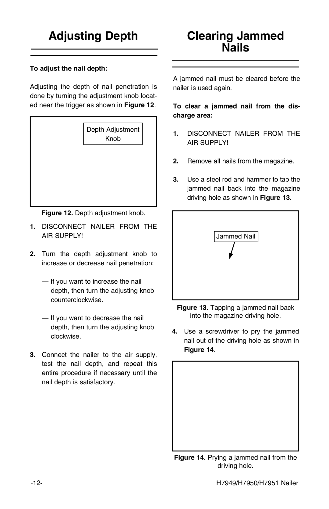 Grizzly H7951, H7950 instruction manual Adjusting Depth, Clearing Jammed Nails, To adjust the nail depth 