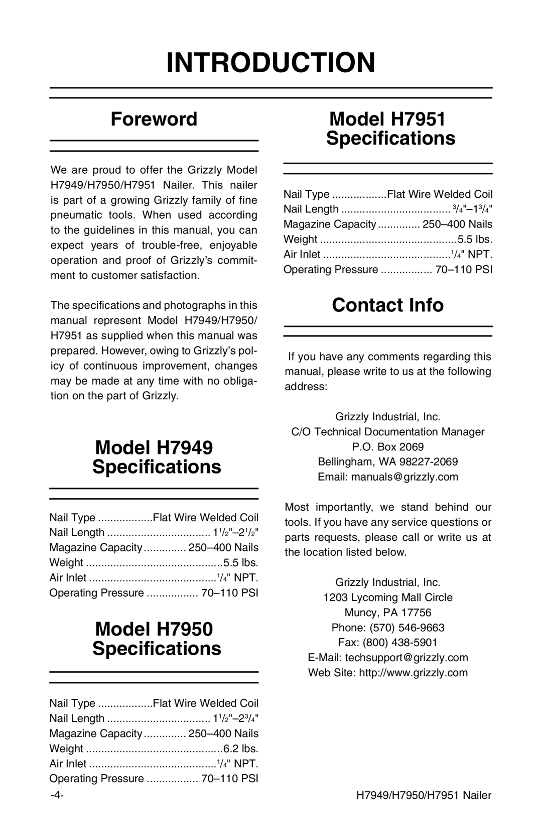 Grizzly Introduction, Foreword Model H7951, Model H7949 Specifications, Model H7950 Specifications, Contact Info 