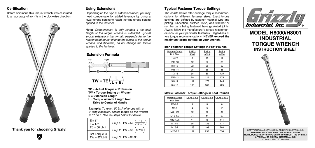 Grizzly H8000 instruction sheet Certification, Using Extensions, Typical Fastener Torque Settings 