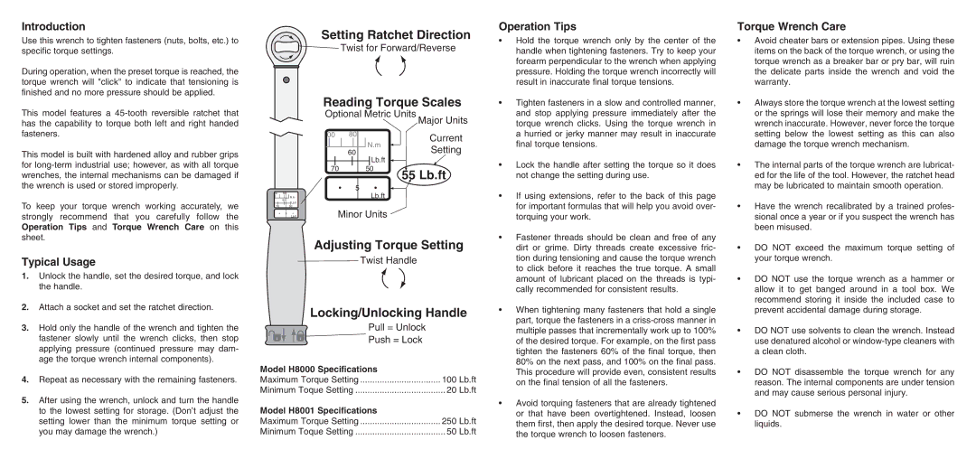 Grizzly H8000 instruction sheet Introduction, Typical Usage, Operation Tips, Torque Wrench Care 