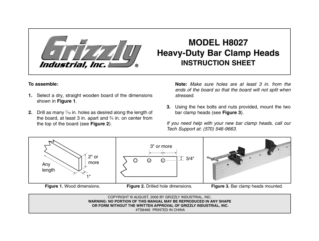 Grizzly instruction sheet Model H8027, Heavy-Duty Bar Clamp Heads, Instruction Sheet, To assemble 