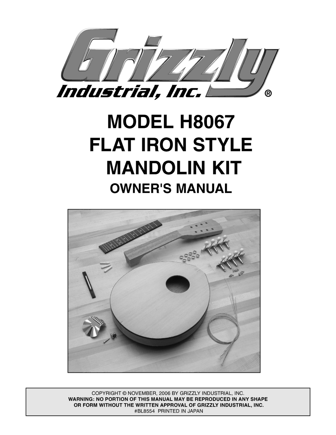 Grizzly owner manual Model H8067 Flat Iron Style Mandolin KIT 