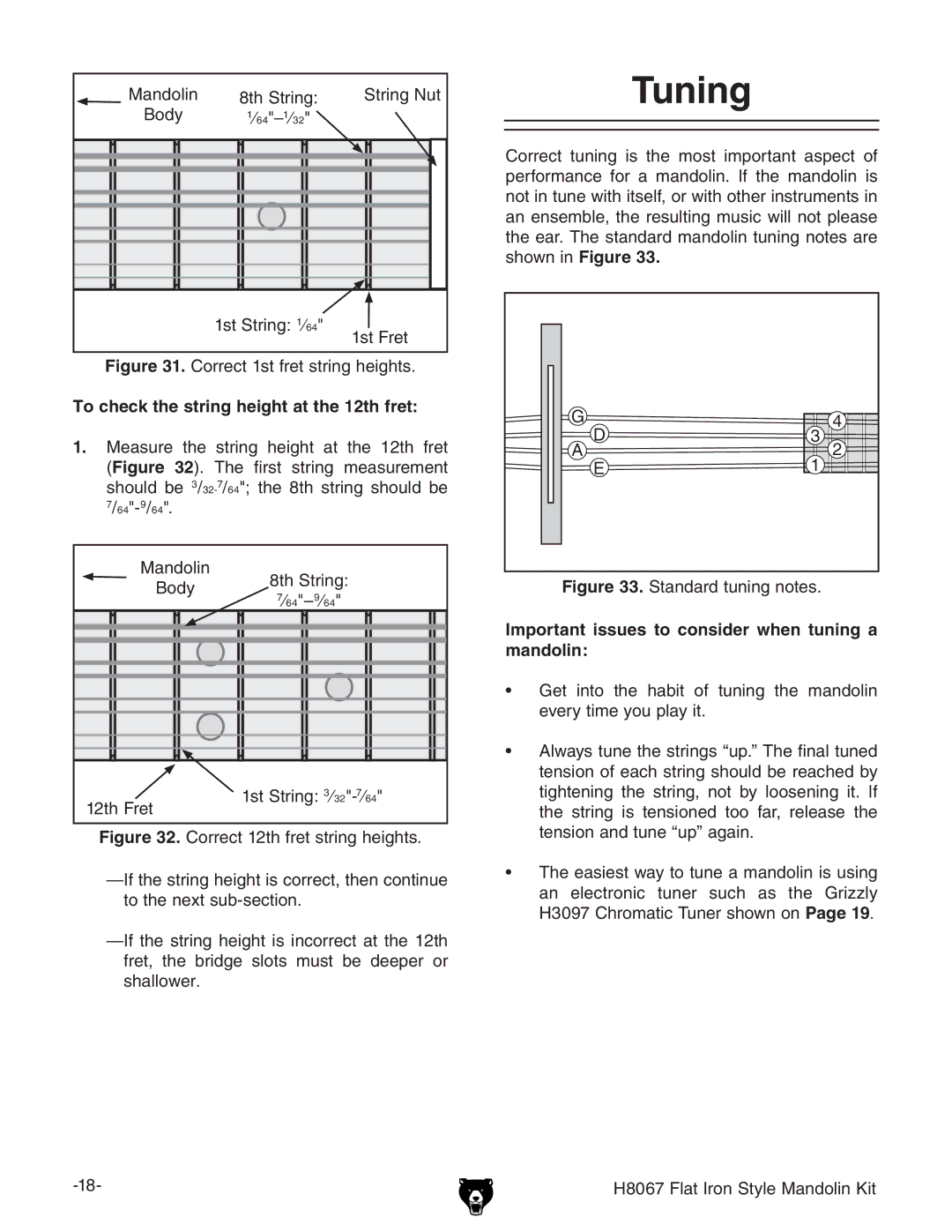 Grizzly H8067 Tuning, To check the string height at the 12th fret, Important issues to consider when tuning a mandolin 