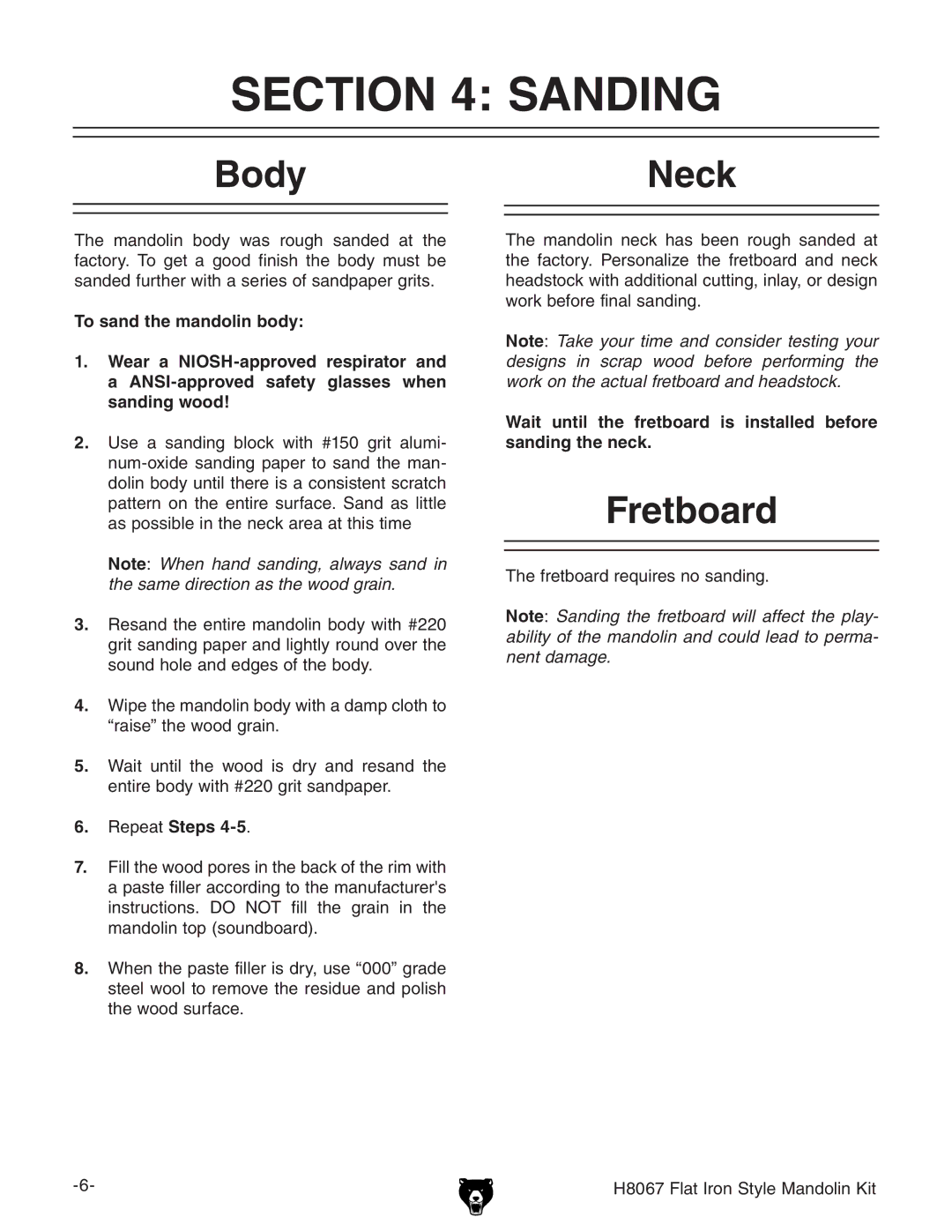 Grizzly H8067 owner manual Sanding, BodyNeck, Fretboard, Repeat Steps 