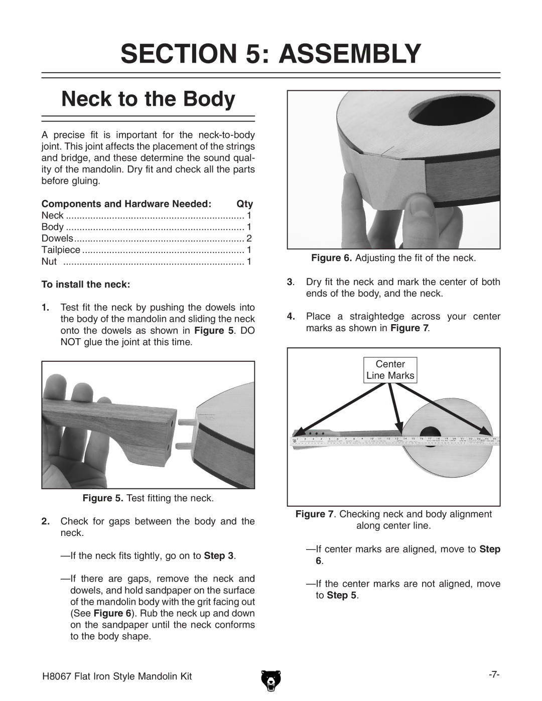 Grizzly H8067 owner manual Assembly, Neck to the Body, Components and Hardware Needed Qty, To install the neck 