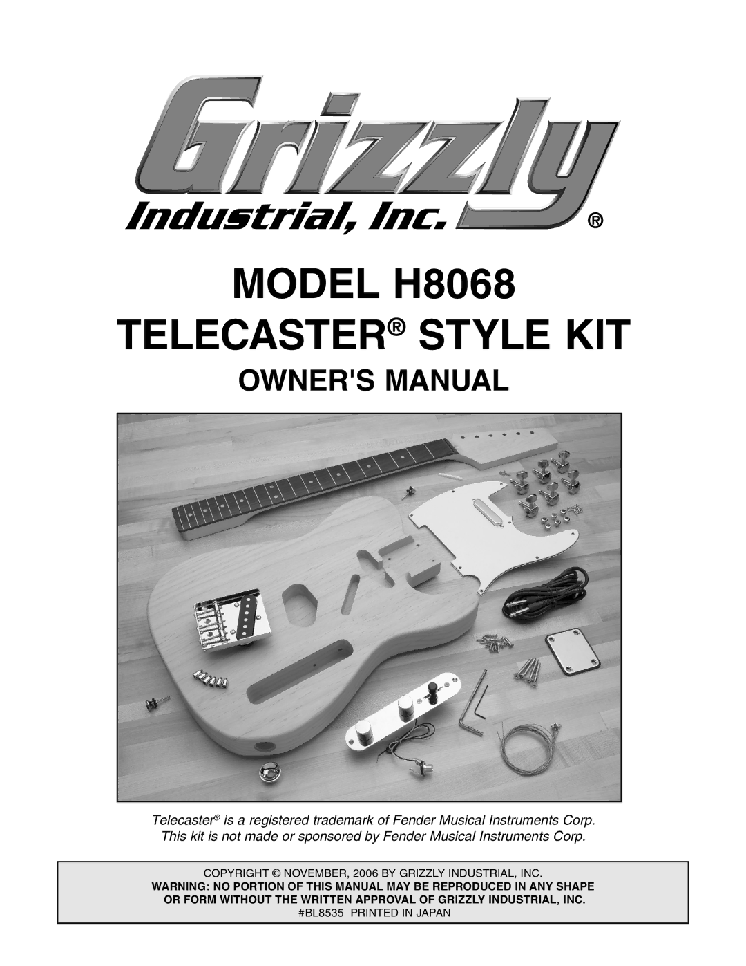 Grizzly owner manual Model H8068 Telecaster Style KIT 