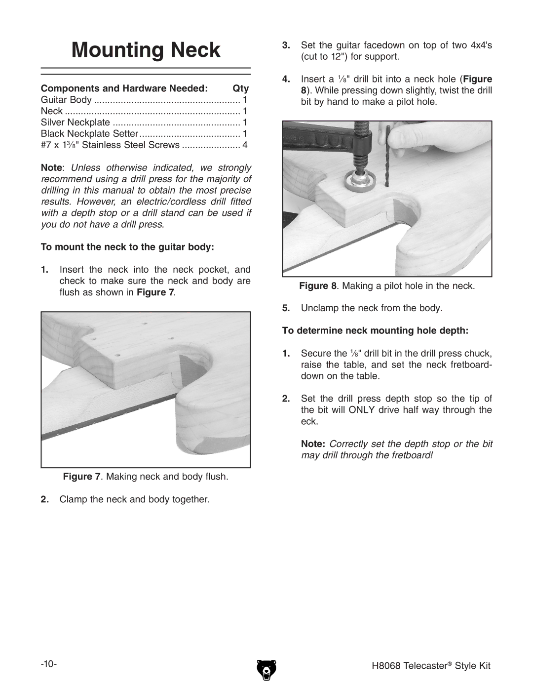 Grizzly H8068 owner manual Mounting Neck, To mount the neck to the guitar body, To determine neck mounting hole depth 