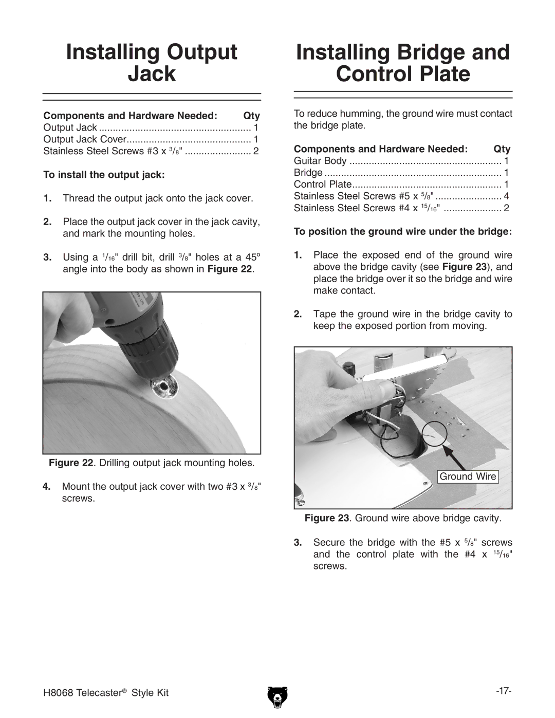 Grizzly H8068 owner manual Installing Output Jack, Installing Bridge Control Plate, To install the output jack 