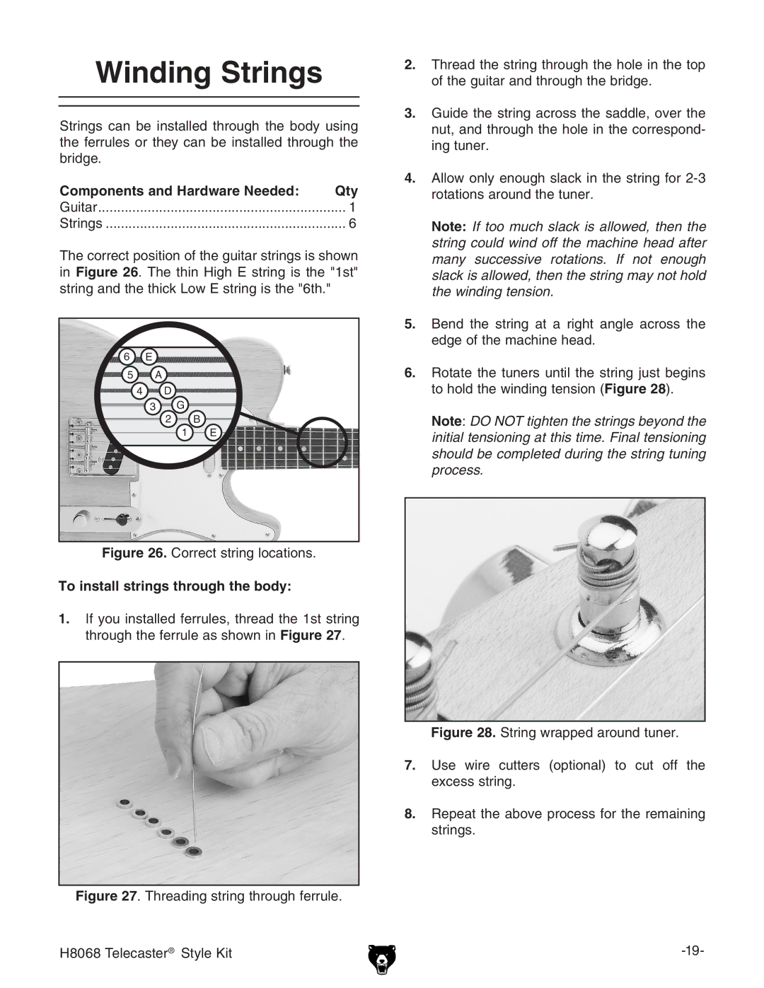 Grizzly H8068 owner manual Winding Strings, To install strings through the body 