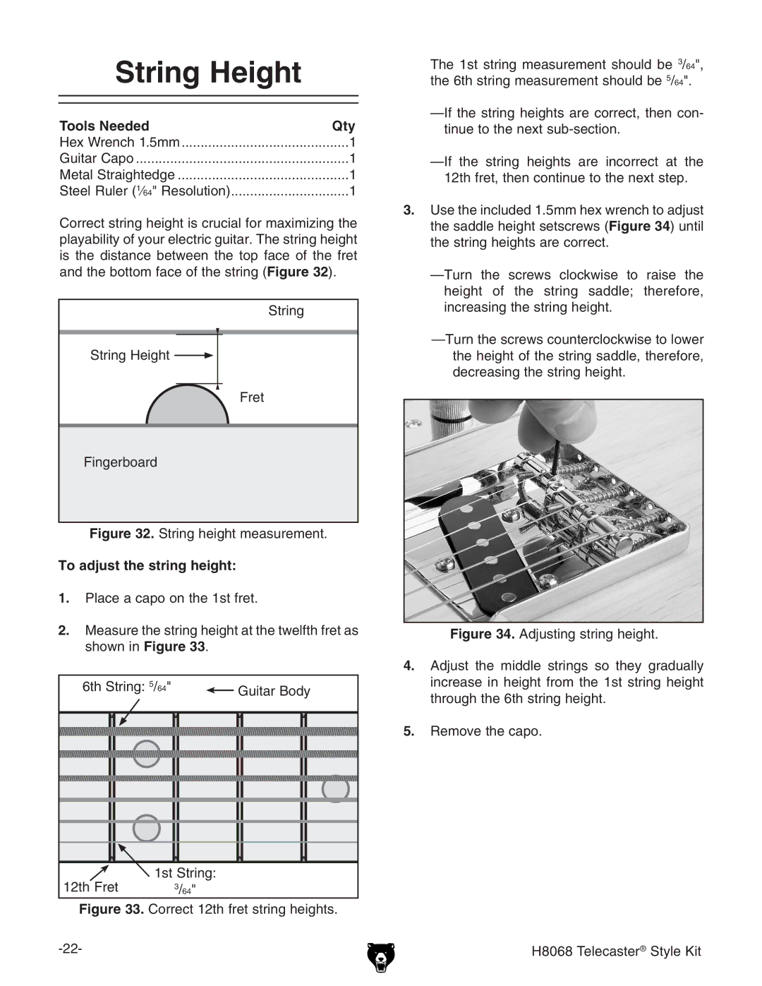 Grizzly H8068 owner manual String Height, Tools Needed Qty, To adjust the string height 