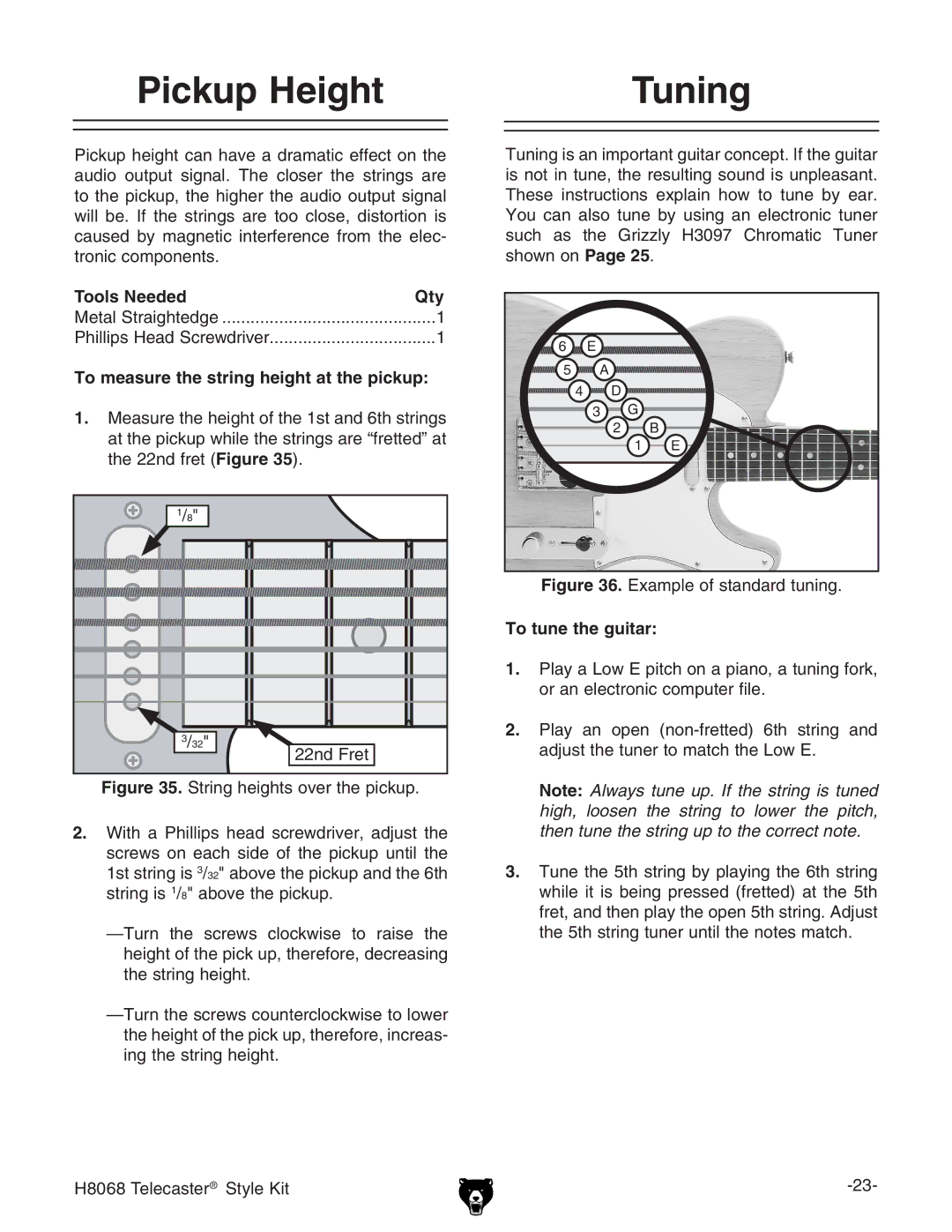 Grizzly H8068 owner manual Pickup Height Tuning, To measure the string height at the pickup, To tune the guitar 