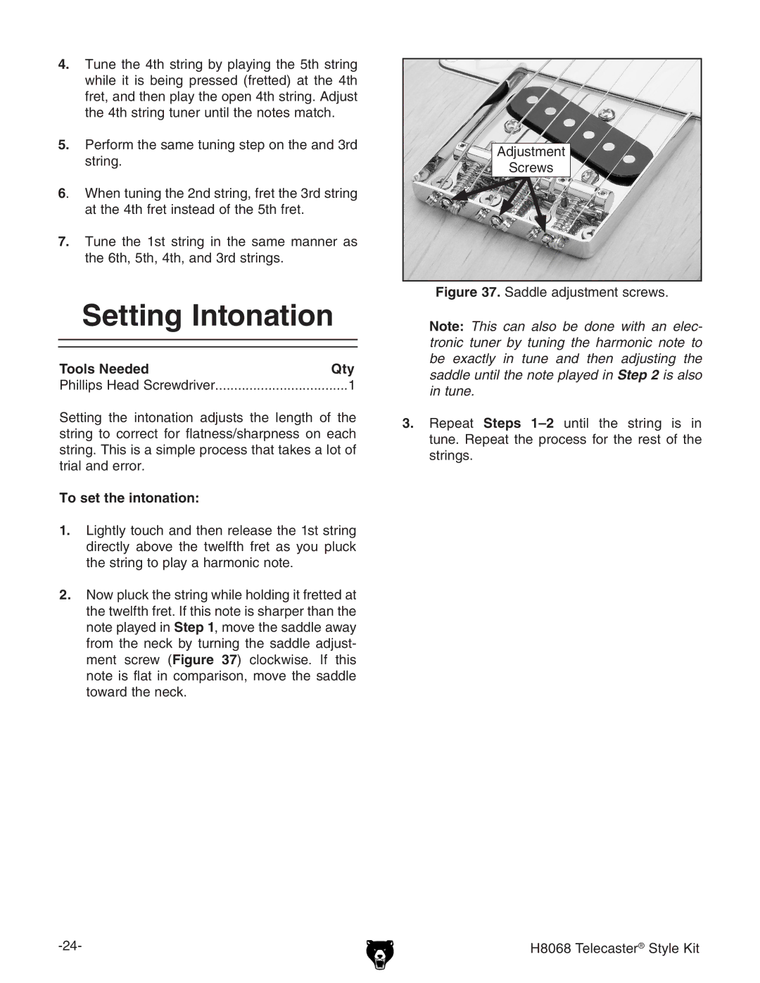 Grizzly H8068 owner manual Setting Intonation, To set the intonation 