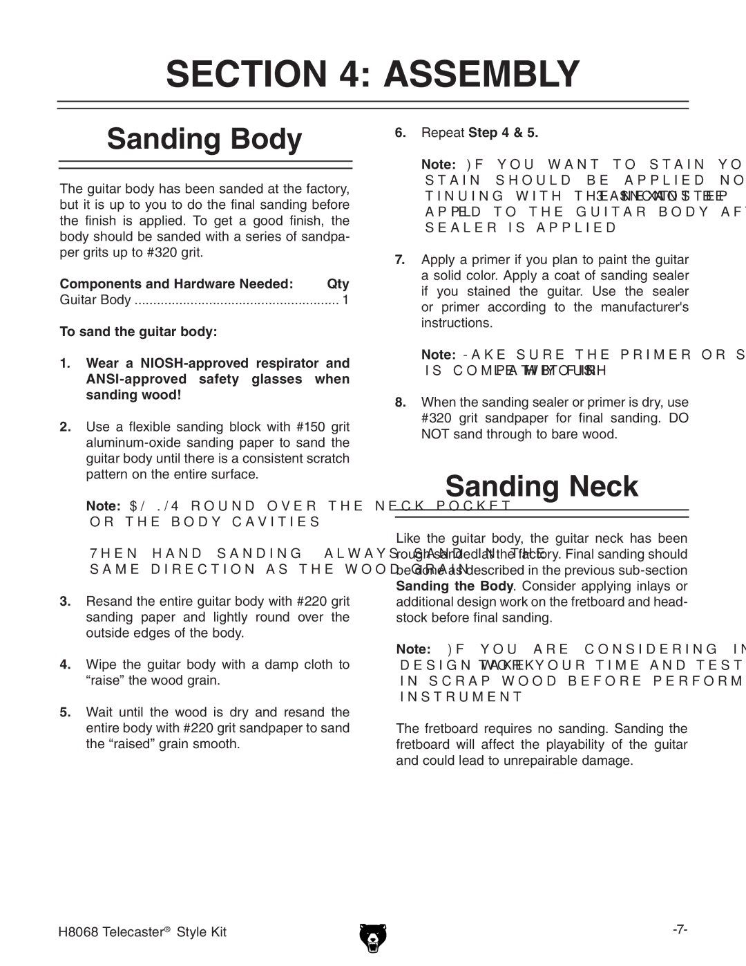 Grizzly H8068 owner manual Assembly, Sanding Body, Sanding Neck, Components and Hardware Needed Qty, Repeat 