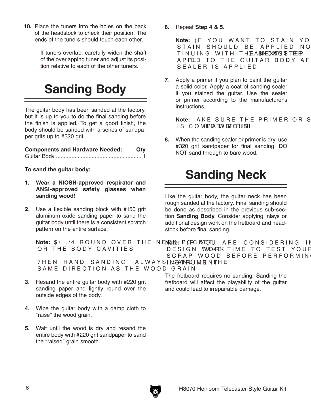 Grizzly H8070 owner manual Sanding Body, Sanding Neck, Components and Hardware Needed Qty, Repeat 