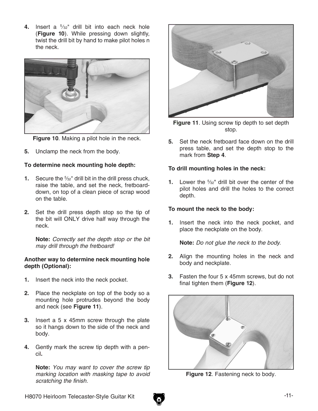 Grizzly H8070 To determine neck mounting hole depth, Another way to determine neck mounting hole depth Optional 