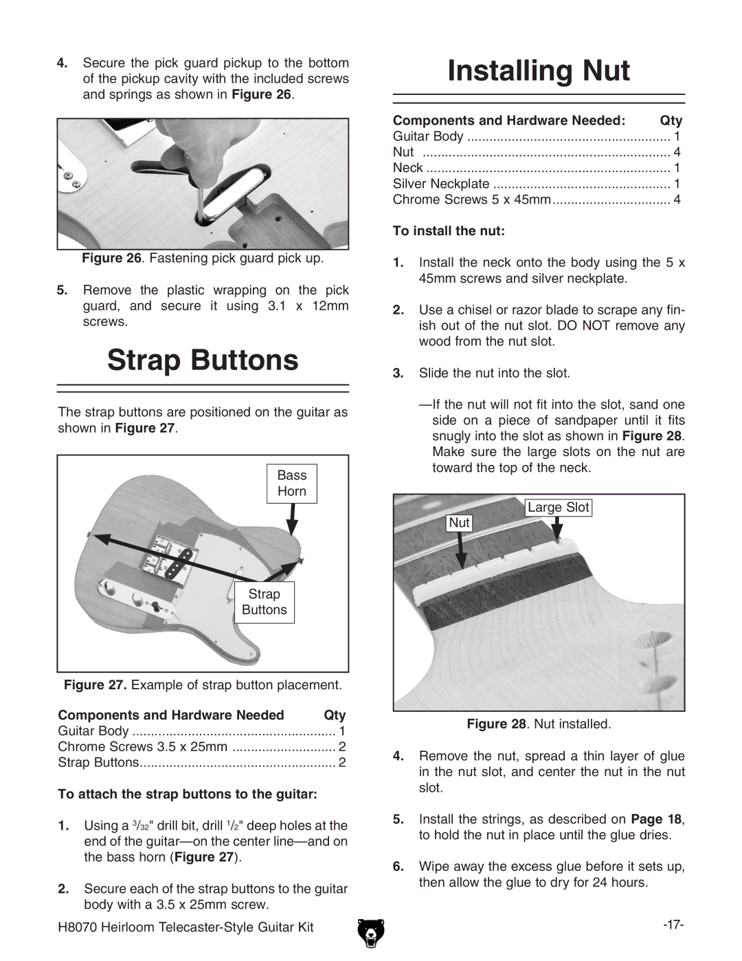 Grizzly H8070 owner manual Strap Buttons, Installing Nut, To attach the strap buttons to the guitar, To install the nut 