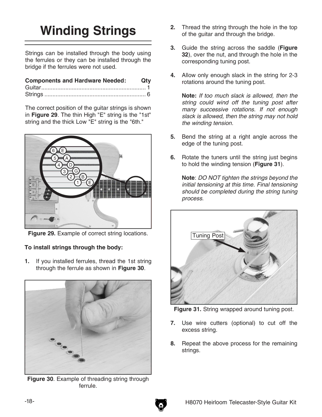 Grizzly H8070 owner manual Winding Strings, To install strings through the body 