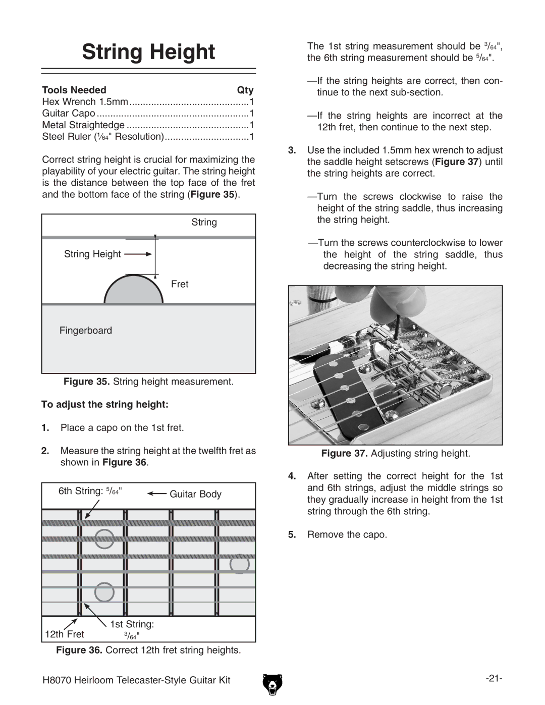 Grizzly H8070 owner manual String Height, Tools Needed Qty, To adjust the string height 