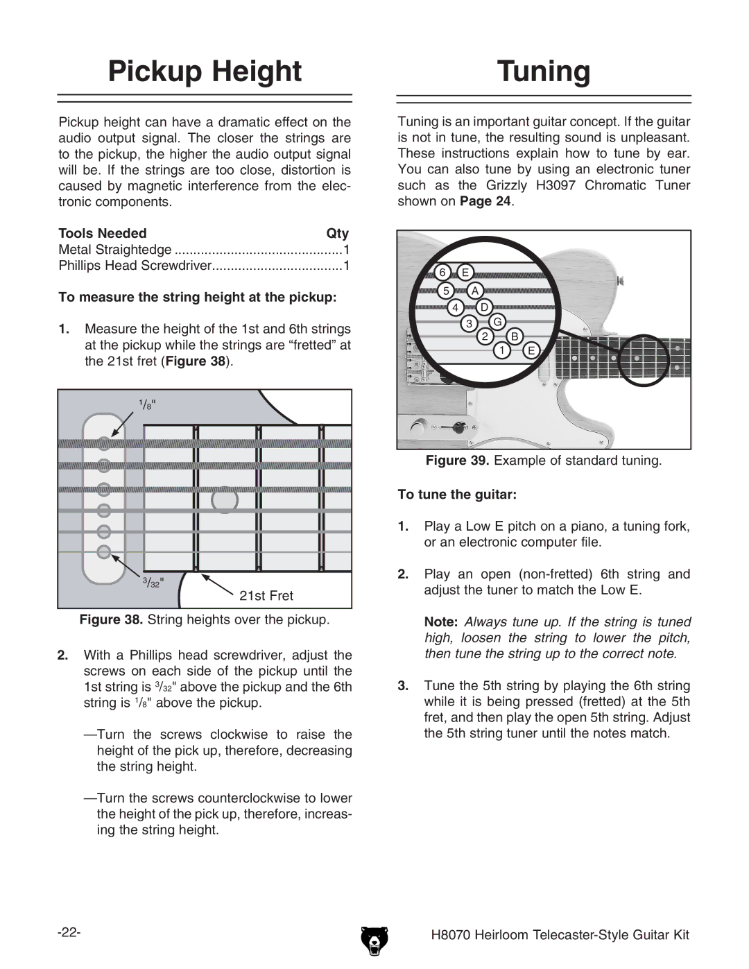 Grizzly H8070 owner manual Pickup Height Tuning, To measure the string height at the pickup, To tune the guitar 