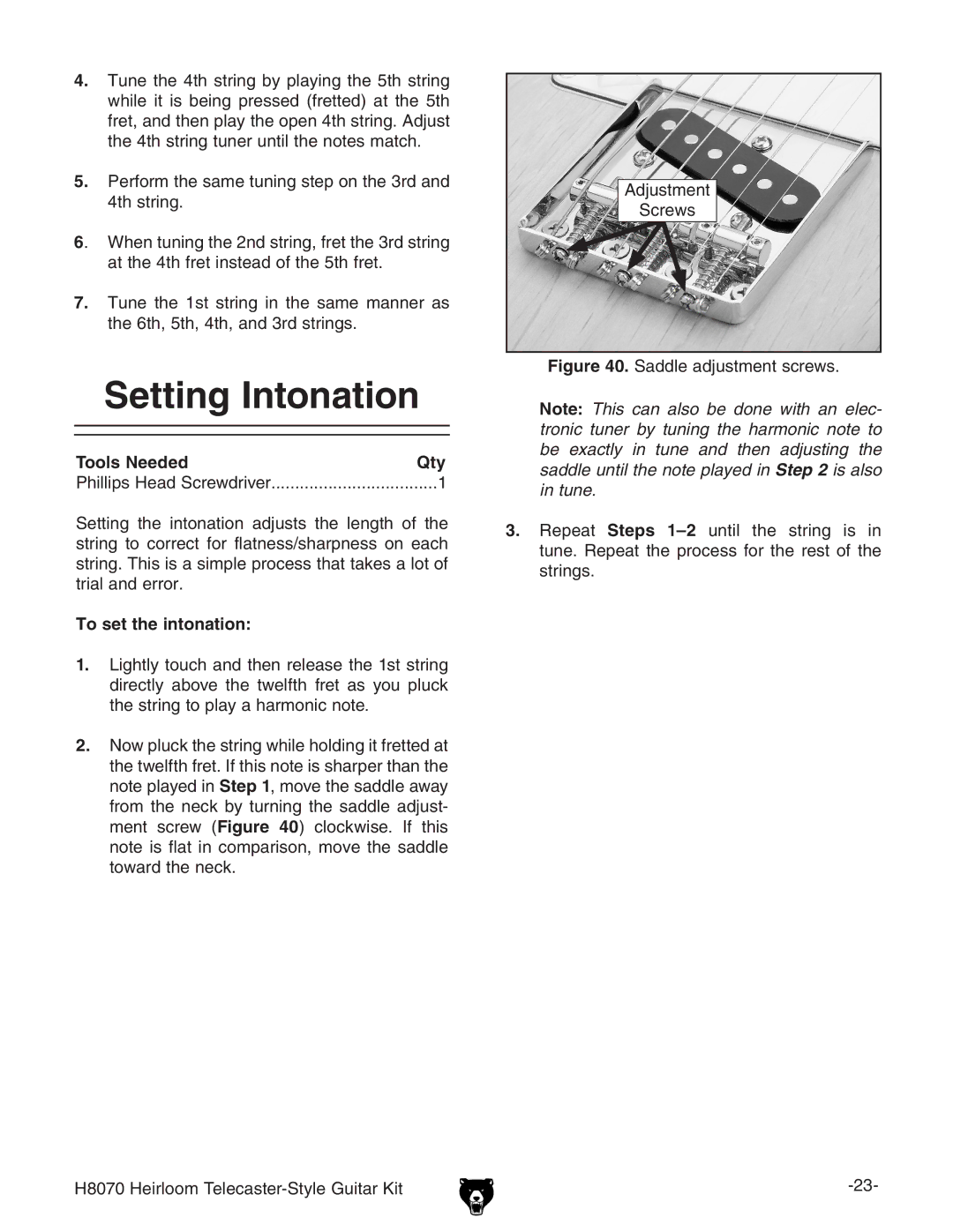 Grizzly H8070 owner manual Setting Intonation, To set the intonation 