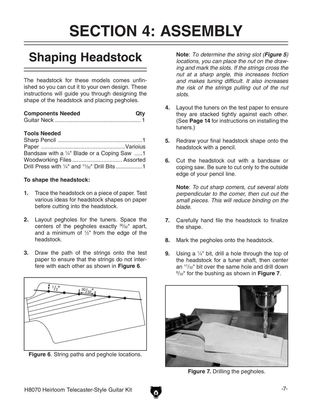 Grizzly H8070 owner manual Assembly, Shaping Headstock, Components Needed Qty, Tools Needed, To shape the headstock 