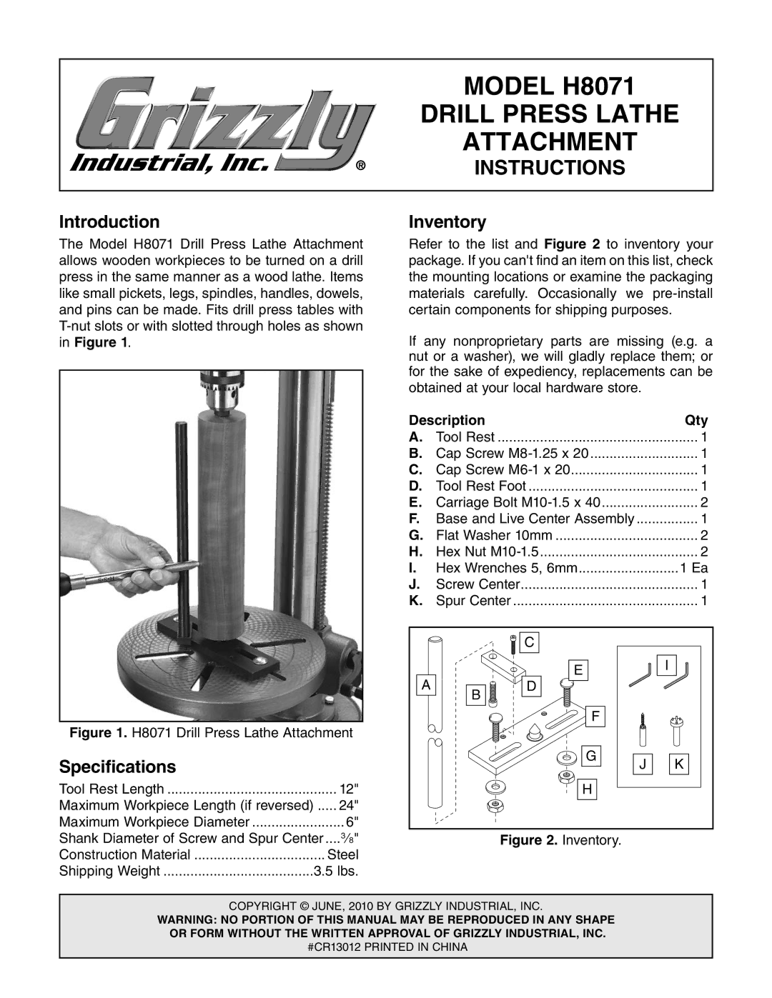 Grizzly H8071 specifications Introduction Inventory, Specifications, Description Qty, Hex Wrenches 5, 6mm 