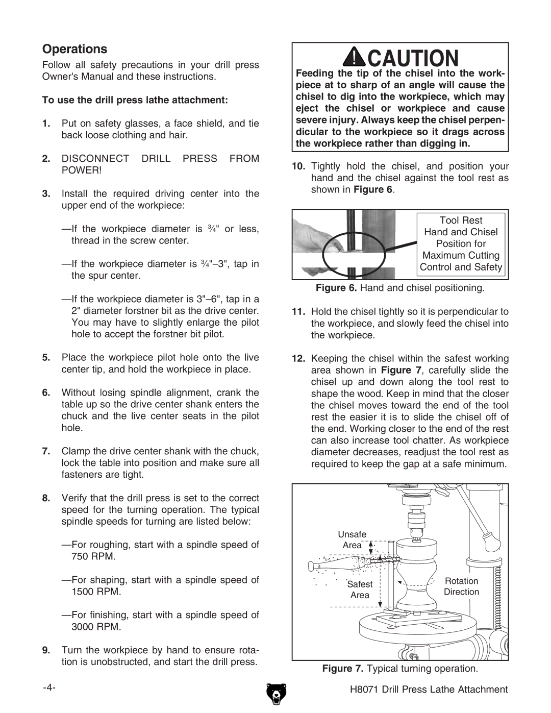 Grizzly H8071 specifications Operations, To use the drill press lathe attachment 