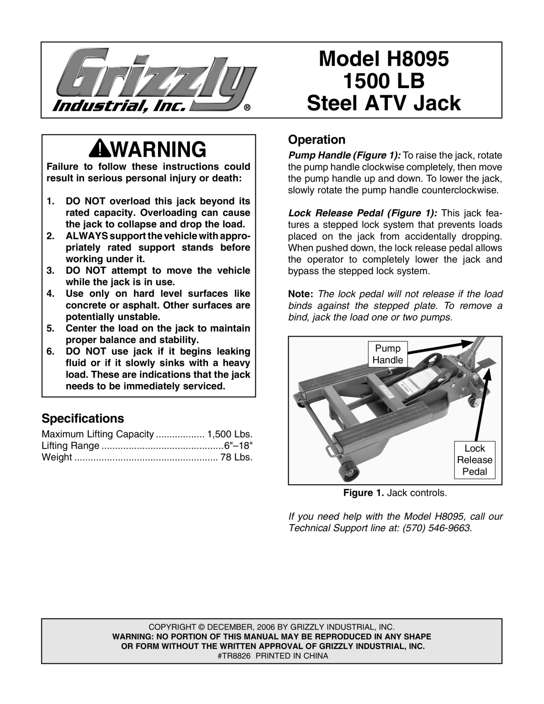 Grizzly H8095 specifications Operation, Specifications 