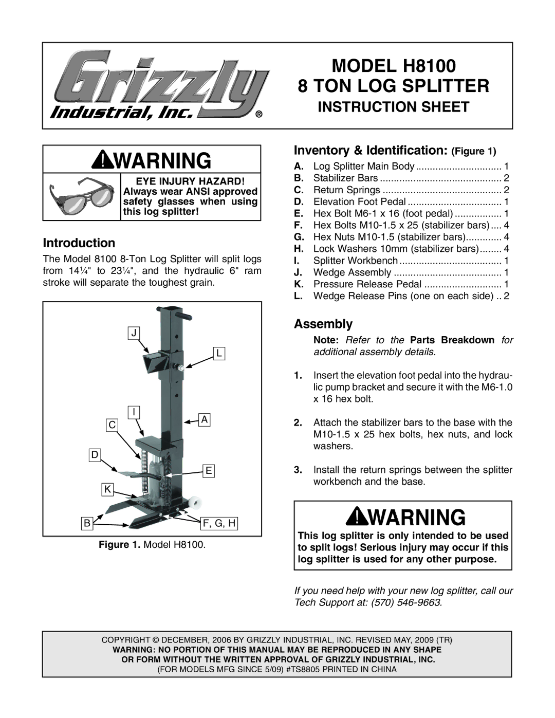 Grizzly H8100 instruction sheet Introduction, Assembly 