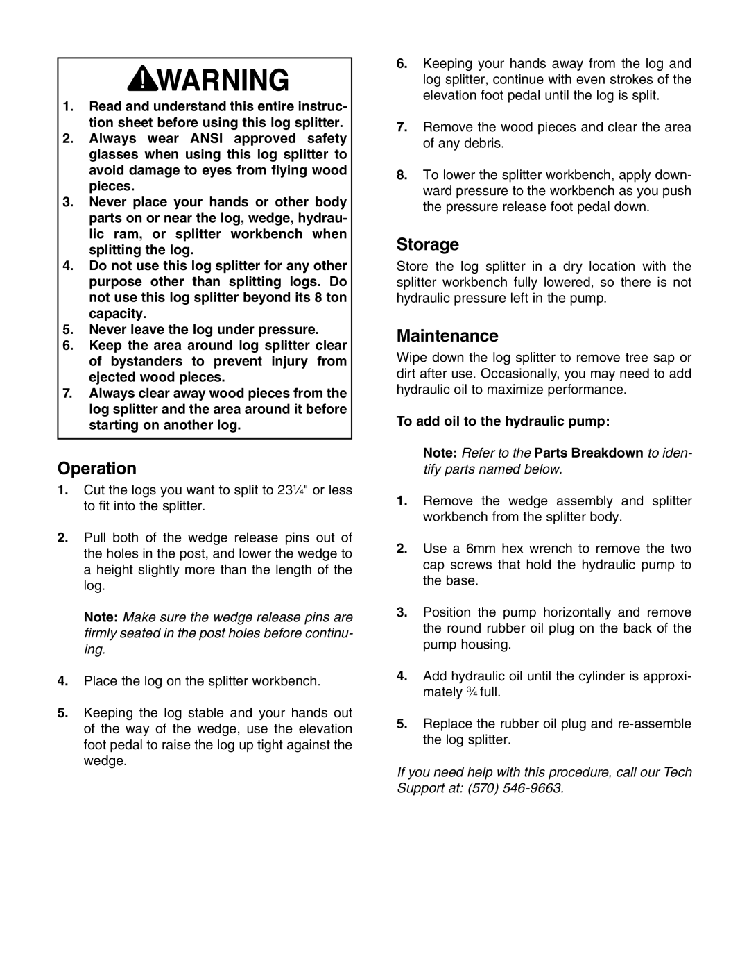 Grizzly H8100 instruction sheet Operation, Storage, Maintenance 