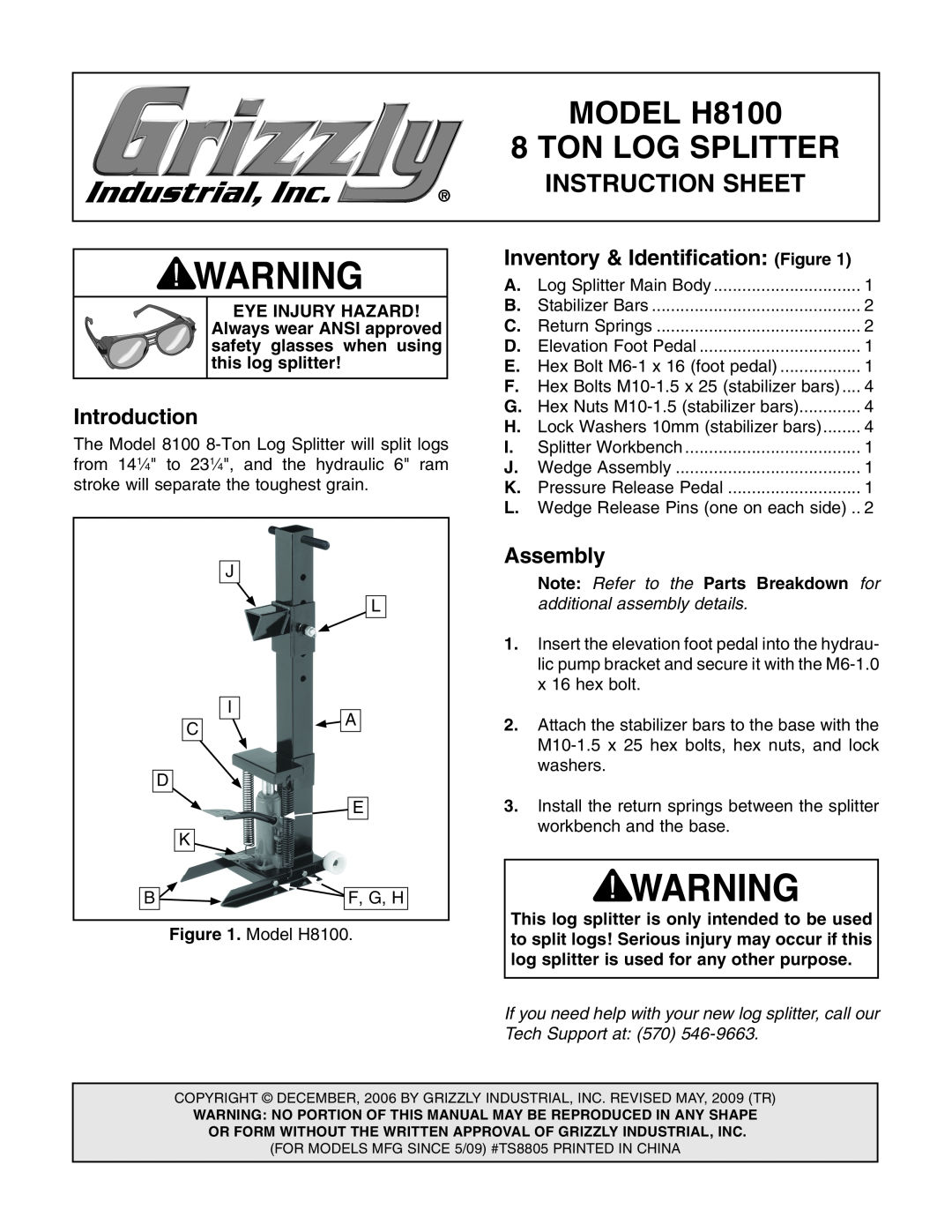 Grizzly instruction sheet Introduction, Assembly, MODEL H8100, Ton Log Splitter, Instruction Sheet 