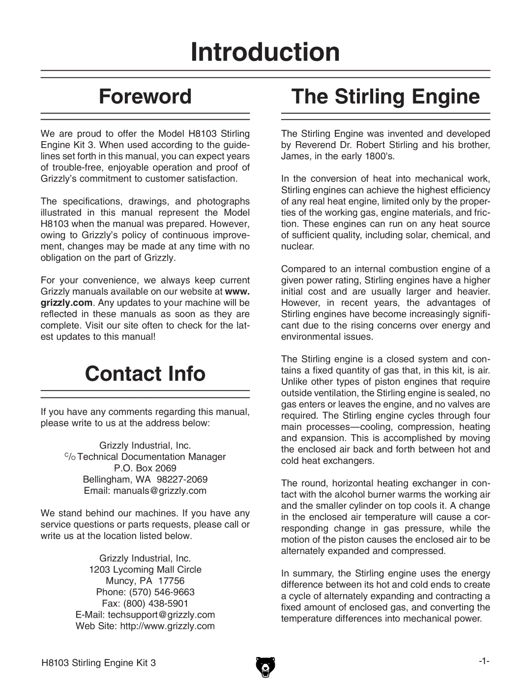 Grizzly H8103 owner manual Foreword Stirling Engine, Contact Info 